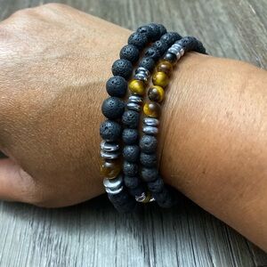 Invicta Jewelry Men's Set of 3 brown Lava Bead & Genuine Stone  Bracelets